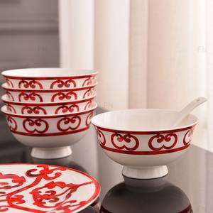 Service de table en céramique vintage pour 6 personnes, design rouge, assiettes en porcelaine, bols à soupe, cuillères avec logo personnalisé - Product Image 5