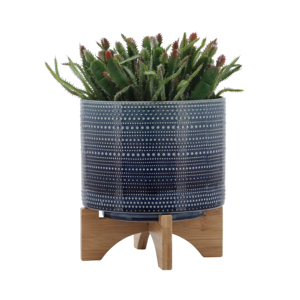 Vaso cilindrico in gres punteggiato con supporto in bambù per piante da interno ed esterno, vaso decorativo per fiori - Product Image 3