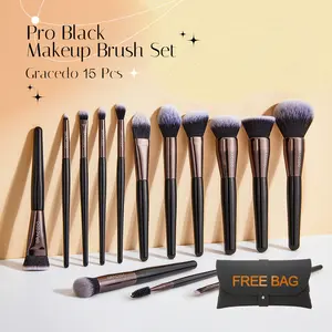 Suppliers Hot Custom Logo Portable 15pcs Wood Handle Nylon Hair ABS black natural makeup brushes with Bag makeup brush set