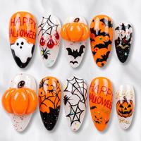 Lot de faux ongles Halloween carrés courts noirs, style French Drip, à presser, peints à la main, motifs chauve-souris, fantômes, étoiles, avec paillettes rouges, en acrylique