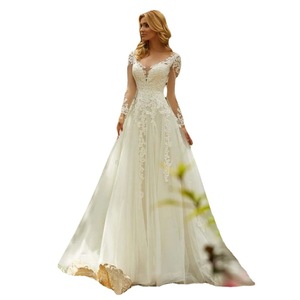 <b>White</b> <b>Lace</b> Wedding Dress Sweetheart Neckline Long Sleeve A Line Vintage Style Bridal Gown For Women - Product Image 3