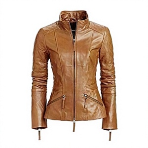 Blouson moto en cuir PU marron, col montant, fermeture éclair, coupe ajustée, style motard avec poches, unisexe, pour l'automne - Product Image 1