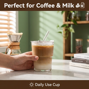 Bicchiere in Vetro Ecologico Scanalato con Coperchio e Cannuccia, Moderno e Semplice per Uso Domestico, Tazza per <span class=keywords><strong>Caffè</strong></span> Freddo e Tè al Latte - Product Image 6