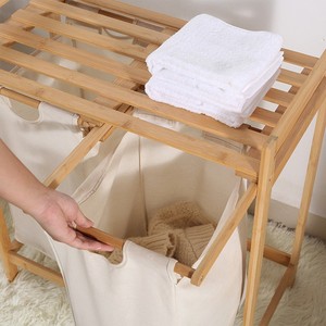 Bamboo Laundry Rack Double <b>Canvas</b> Bag Storage <b>Frame</b> For Home Bathroom Use - Product Image 3