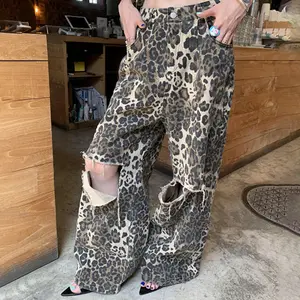 Primavera 2024, nuevos Pantalones rectos ajustados de cintura alta con estampado de leopardo Retro americano, pantalones vaqueros rasgados con diseño de nicho