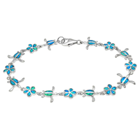 Bracelet Hawaïen en Argent Sterling 925 de la Collection Océan, Incrusté d'Opale, Motif Vie Marine, Fleur de Plumeria Bleue et Tortue