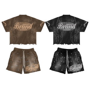 เสื้อยืดชุดเซ็ตผู้ชายคุณภาพสูง ดีไซน์ลายพิมพ์ซับลิเมชั่นประดับคริสตัลแบบย้อมสีเอซิด ผลิตจากผ้าฝ้าย 100% ระบายอากาศได้ดี สวมใส่สบาย - Product Image 1