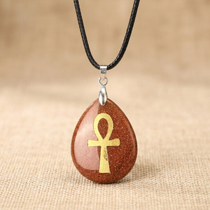 Wholesale Red Sandstone Natural Stones Engraved Ankh Cross Pendant Necklace Women Cross Reiki Egyptian Style Religious Jewelry - Product Image 3
