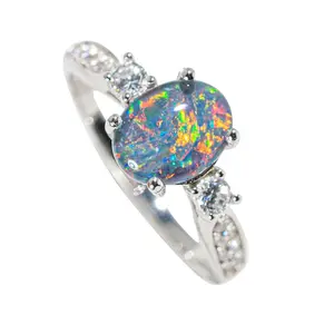 SGARIT 14 K White Gold 1.2 ct Round Cut Nature Rainbow Opal Ring With Moissanite Diamond Ring Jewelry Perfect Gift