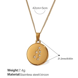 Collar de Acero Inoxidable con Signos del Zodiaco, Cadena de Eslabones y Colgante de Disco Redondo con Zirconia como Piedra Principal, Ideal para Regalo - Product Image 3