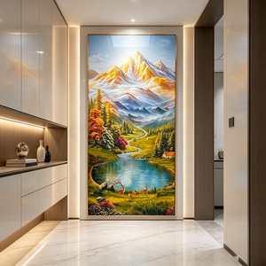 Cuadro de porcelana de cristal LED personalizado al por mayor con diseño de ciervo en valle alpino, arte de pared vertical con paisaje forestal y río al amanecer, para colgar en la pared. - Product Image 3