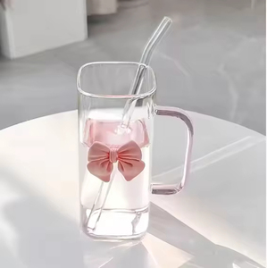 square Colored <b>Lid</b> High Borosilicate High Value Creative Heat-resistant Transparent Glass Straw <b>Cup</b> <b>with</b> Bow - Product Image 2