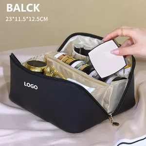 Bolsa de maquillaje cosmético de cuero PU de gran capacidad con logotipo personalizado de viaje impermeable al por mayor con cremallera