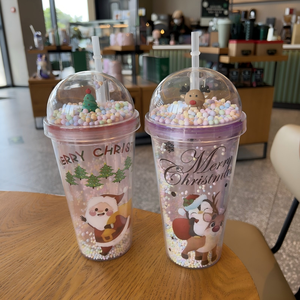 Cute 450ml Xmas Santa & Reindeer Pattern Double Wall Plastic Straw Cup with Pom Pom <b>Decor</b> Dome <b>Lid</b> for Christmas Holiday Daily - Product Image 4