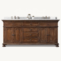 Meuble-lavabo double vasque en bois personnalisable style vintage américain, sur pied, avec vasque en céramique et plateau en marbre, pour appartement et villa