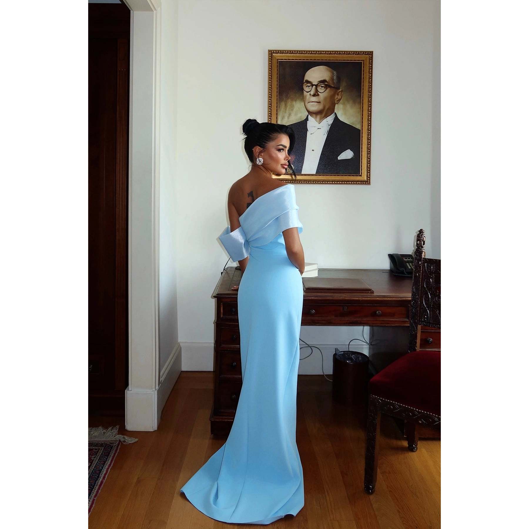 light blue empire waist dress Sky Blue Floral Embroidered Empire Waist A-Line Dress – Maxim Creation main image 1