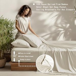 Ensemble de draps de lit 5 pièces beige, doux et respirant, 1 <span class=keywords><strong>drap</strong></span> plat, <span class=keywords><strong>2</strong></span> draps-housses, <span class=keywords><strong>2</strong></span> taies d'oreiller, 100% rayonne dérivée du bambou - Product Image 5