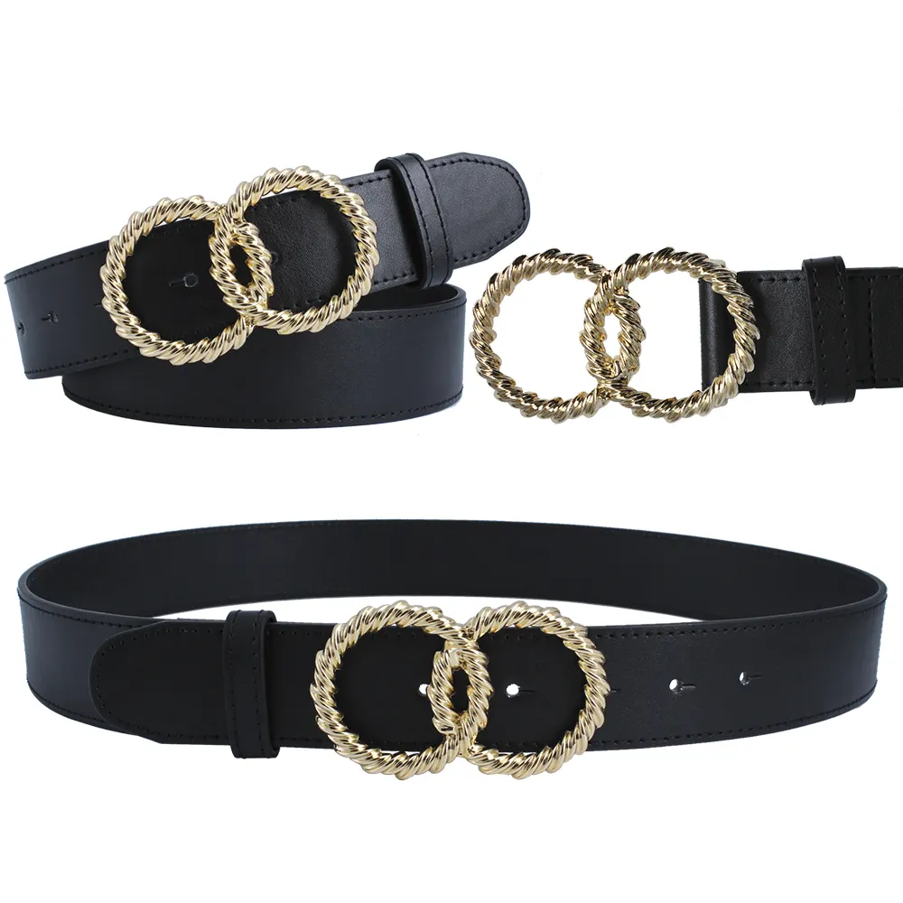 Buckle Black Ladies Women Pu Leather Belts Personality Stylish Double Circle Metal Alloy Classic Chinese Female 95-135cm HS12715