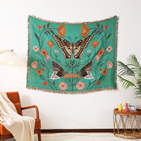 Plaid d'intérieur écologique toutes saisons, motif floral papillon nordique, jacquard turquoise, tissé, pour la relaxation, à franges botaniques