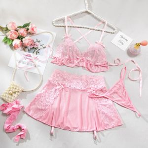Hot Sale 3Pcs <b>Bralette</b> and Panty <b>Sheer</b> Lace Skirt Set Sexy Lingerie Garter Sets for Women - Product Image 6