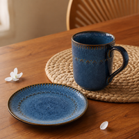 Juego de Taza y Platillo de Cerámica con Esmalte Reactivo para Café y Té, de Gres y Porcelana, con Relieve, para Restaurante, Venta al por Mayor