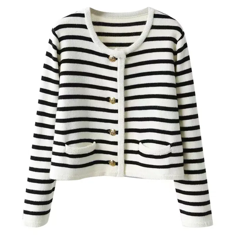 2022 autumn and winter short sweater women's black and white striped wool knitted cardigan