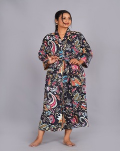 Multiple Design Printed 100% Cotton Long Sleeve Knee-Length Loungewear <b>Robe</b> with Drawstring Closure for Women's <b>Beach</b> Cover-Up - Product Image 1