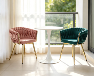 Chaises de salle à manger en velours de luxe nordique, dossier tressé, pieds en métal noir et or, chaises rembourrées pour la maison, le bureau, la villa - Product Image 6