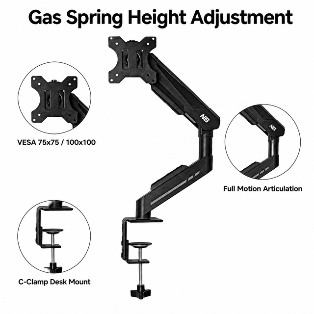 Heavy Duty Monitor Arm C Clamp Mount, Gas Spring Stand Height Adjustable, VESA 75x75/100x100 Full Motion Tilt Swivel Home Office