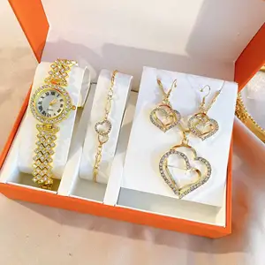 时尚心形钻石5件套手表超闪光高品质项链耳环手链套装饰品套装女式节日礼品