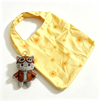 Sac de courses pliable en peluche personnalisé avec logo, imprimé soleil, avec pendentif jouet en peluche chat, vente en gros