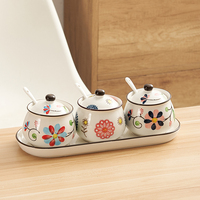Pot de rangement en céramique à motifs floraux peints, pot à sel et poivre, boîte de rangement pour ustensiles de cuisine avec couvercle, bouteille à épices, décoration d'intérieur