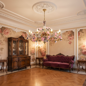 Lampada in ottone rococò francese Jewellerytop di lusso <span class=keywords><strong>rosa</strong></span> fiori in ceramica a sospensione <span class=keywords><strong>lampadario</strong></span> - Product Image 2