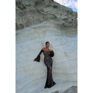 Robe de soirée formelle noire en dentelle Marianna, crochetée, coupe trapèze, taille empire, manches courtes, décolleté cœur, nœud, luxe, longueur au sol, XL - Product Image 3