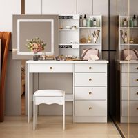Offre Spéciale : Miroir Lumineux Moderne Blanc Mobile avec Panneaux en Bois et 3 Modes d'Éclairage pour Coiffeuse et Salon