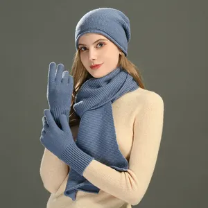 Wholesale Warm Luxury Soft Knit Mitten Long Scarves 3 Pcs Set Winter Custom Logo Women 100% Wool Beanie Hat Scarf and Glove Set