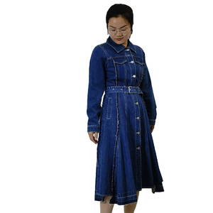 Jeans Denim Usine Jeans pour Femmes Revers Chemise en Denim <span class=keywords><strong>Bleu</strong></span> Robe Manches Longues Boutonnée <span class=keywords><strong>Grand</strong></span> Ourlet une Ligne Jean en Denim Moyen Robe pour Femmes - Product Image 4