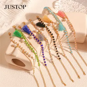 Bracelet de perles de cristal de verre carré mignon à breloque colorée réglable pour femmes petit bracelet de perles avec pompon