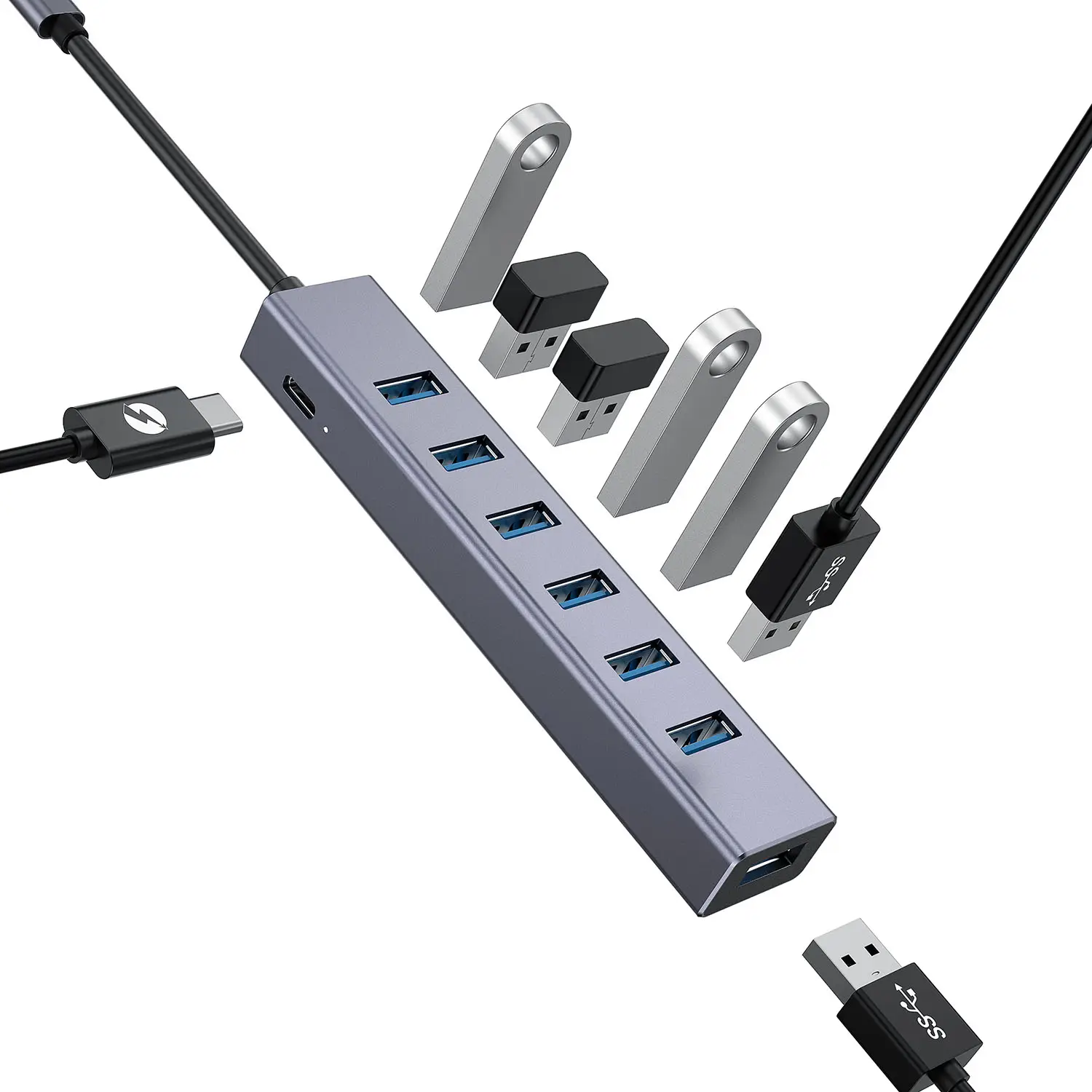 High quality 7in1 docking station USB HUB hubs adapter 3.0 External 7 Port USB Splitter 7 Ports Hub With 5V USB C extra power
