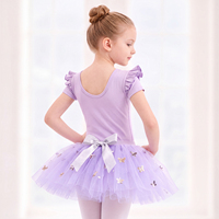 Justaucorps de ballet pour filles, design fendu, manches à volants, col en V, tutu étoile détachable, robe d'entraînement de danse quotidienne pour tout-petits et enfants, en spandex doux