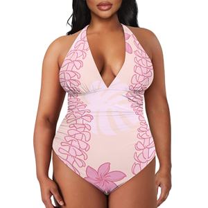 Traje de baño de una pieza Hawaiano para mujer Puakenikeni estampado de moda personalizado Control de barriga escote Halter servicio OEM disponible - Product Image 4