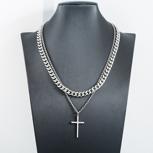 สร้อยคอไทเทเนียมสตีลแบบชั้นคู่ ดีไซน์เรขาคณิต รูปทรงกางเขน สไตล์คิวบา แฟชั่นเครื่องประดับ - Product Image 1