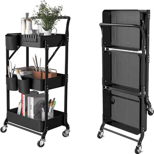 JH-Mech Metal Trays Utility Cart with 3 Hanging Cups and 6 Hooks Handle and Wheels 3-Tier Foldable Metal Rolling Cart