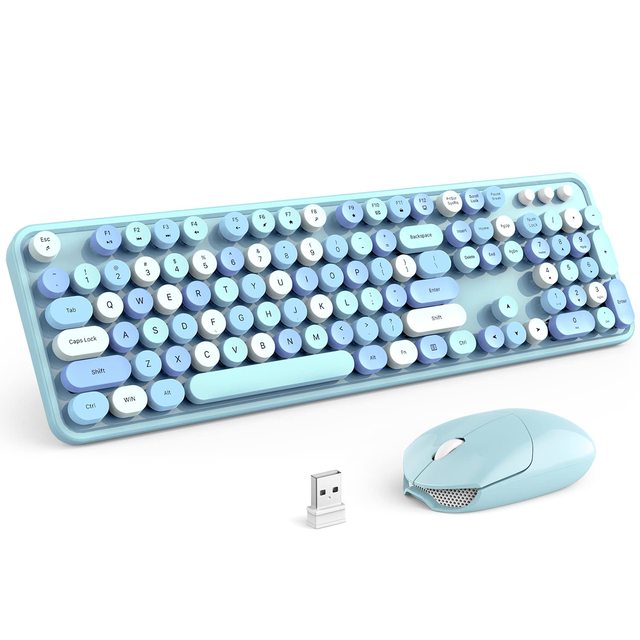OEM ODM Wireless Keyboard and Mouse Combo Blue 104 Keys FullSized 24 GHz Round Keycap Colorful Keyboard Set USB Receiver Plug an