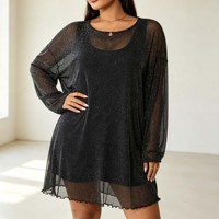 Tunique noire glamour à paillettes en maille transparente à manches longues et ourlet à volants pour soirée en club, taille personnalisée disponible