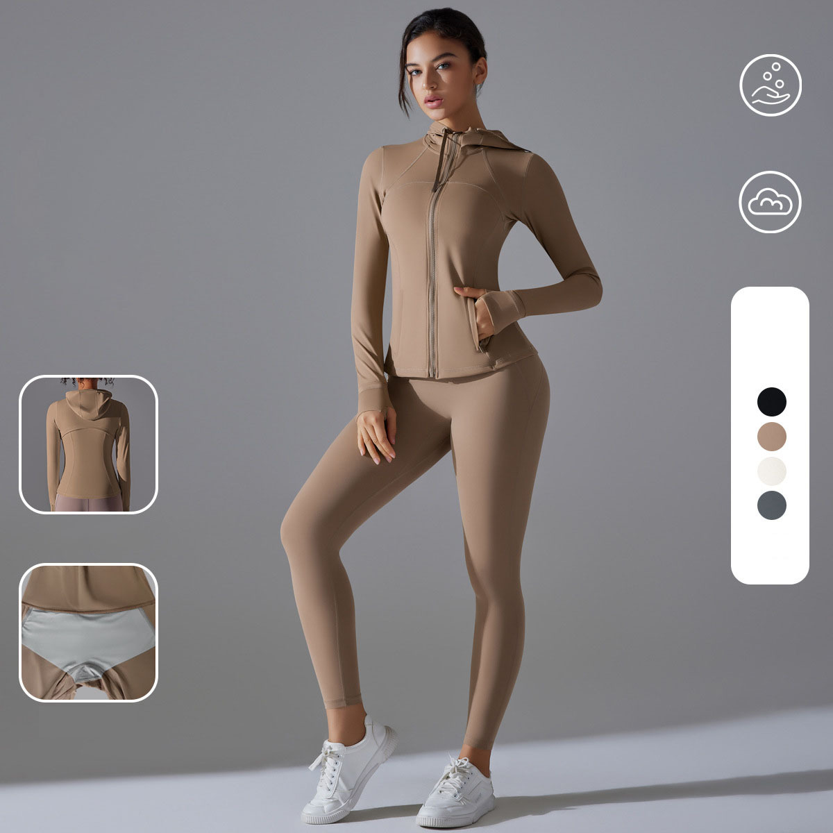 Women Full Zip Hooded Yoga Suit Two Piece Set With Built in Underwear Anti Bacterial Compression Workout Outfit