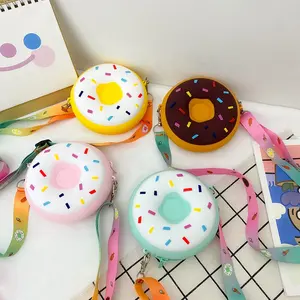 Wholesale Donut Silicone Colorful Kawaii Cute Small Women Kids Keychain Makeup Pouch Coin Wallet Purse Bag with Colorful Sling