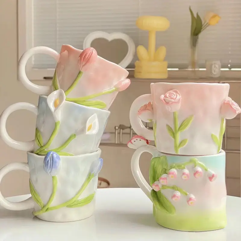 Caneca de cerâmica 3D para presente de feriado, produtos inovadores, caneca fofa feita à mão de luxo, caneca de cerâmica personalizada para café, flores de tulipa e rosa, 2024