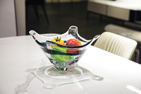 Decoratieve handgeblazen glazen schaal met blauw lint & gegolfde rand, als middelpunt voor fruit, snacks, dienblad, hotel lobby decoratie