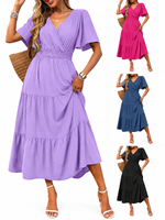 Robe longue vintage pour femme, en tissu naturel tissé, col en V croisé, manches courtes volantées, taille smockée, à volants étagés, ODM/OEM
